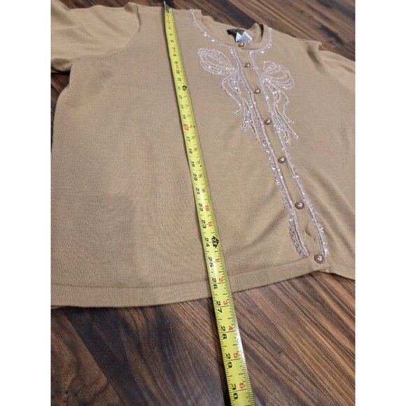 Bob Mackie Wearable Art Beaded Bow Cardigan Sz 3X Sweater Tan Coastal Grandma - Picture 9 of 10